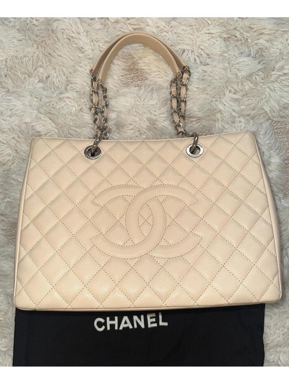 CHANEL beige Caviar Leather silver hw GST Grand Shopping Tote Bag Excellent